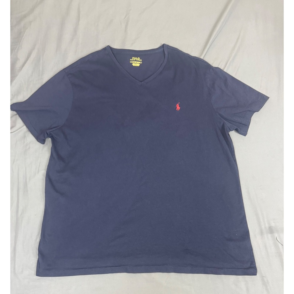 Polo Ralph Lauren Mens V-Neck‎ T-Shirt Navy Blue Red Pony Logo XL Cotton Tee